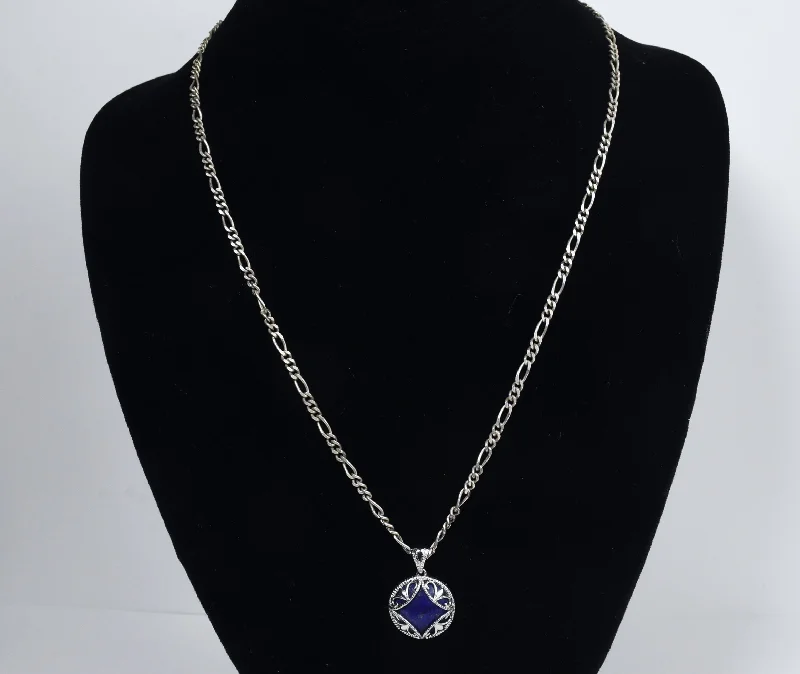 symbolic necklaces for women -Sterling Silver Lapis Lazuli Pendant on Sterling Silver Figaro Link Chain Necklace - 20"