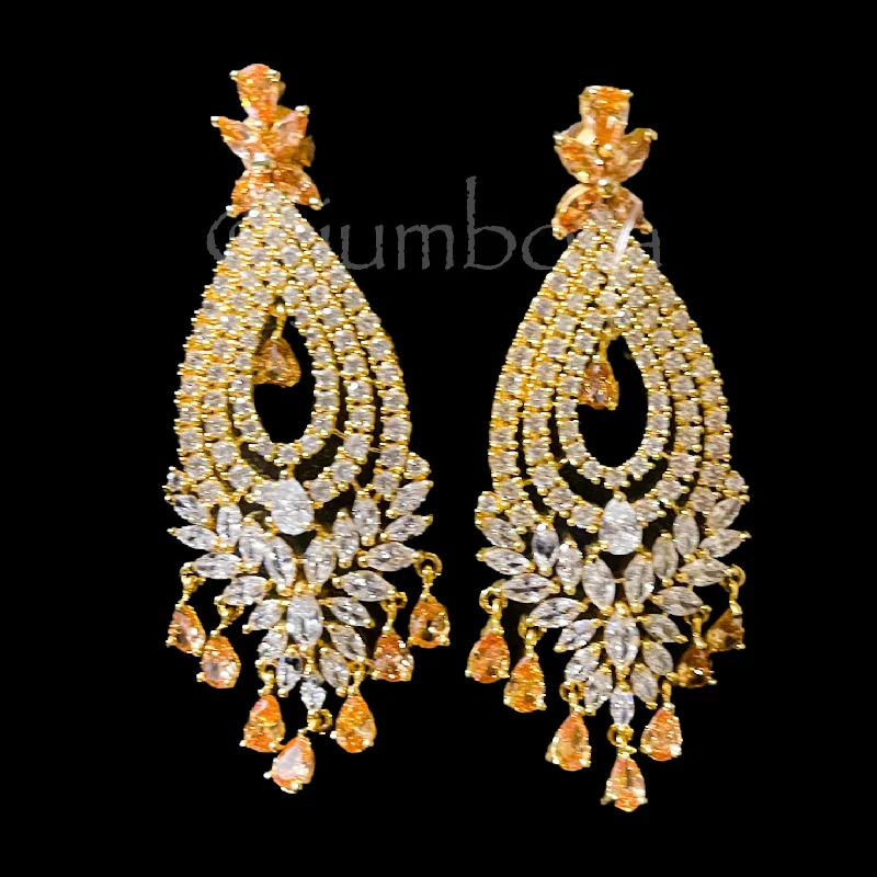 gold dangly earrings for women -Long Statement AD Zircon (CZ) Earring with Champagne AD Stones