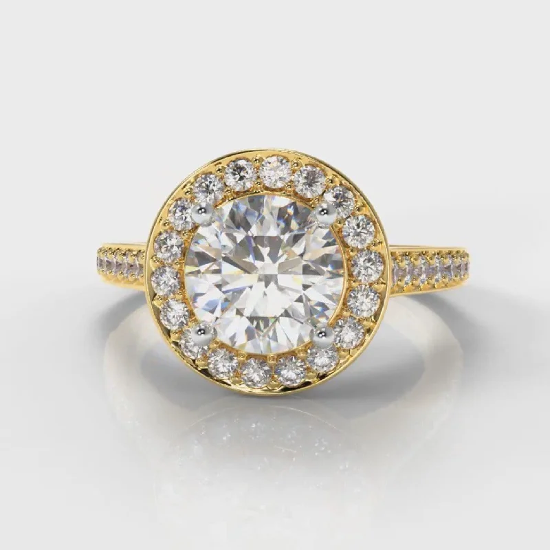 heart-shaped engagement rings -Pavé Round Brilliant Diamond Halo Engagement Ring - Yellow Gold