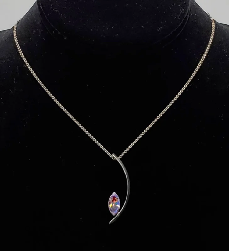 elegant silver necklaces for women -Drew M. Ruiz - Vintage Sterling Silver Iridescent Faceted Glass Modern Design Pendant on Sterling Silver Chain Necklace - 18"