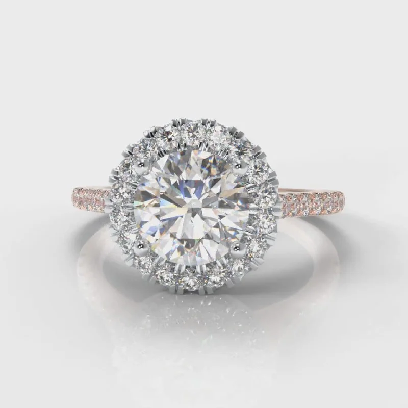 pear shaped engagement rings -Petite Micropavé Round Brilliant Cut Diamond Halo Engagement Ring - Two Tone Rose Gold