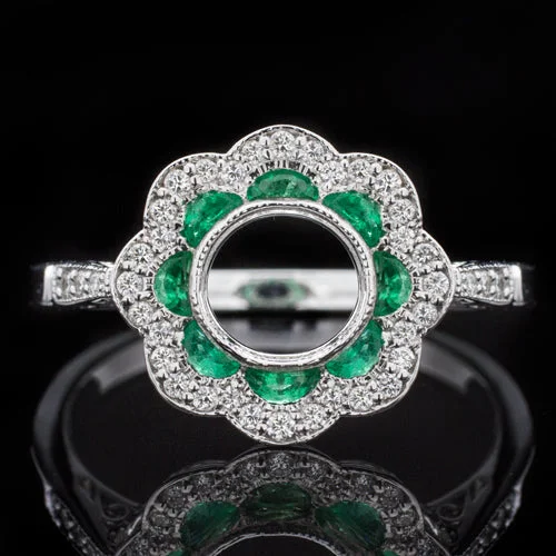 luxury engagement rings -GREEN EMERALD DIAMOND VINTAGE STYLE SEMI MOUNT 6MM DOUBLE HALO ENGAGEMENT RING