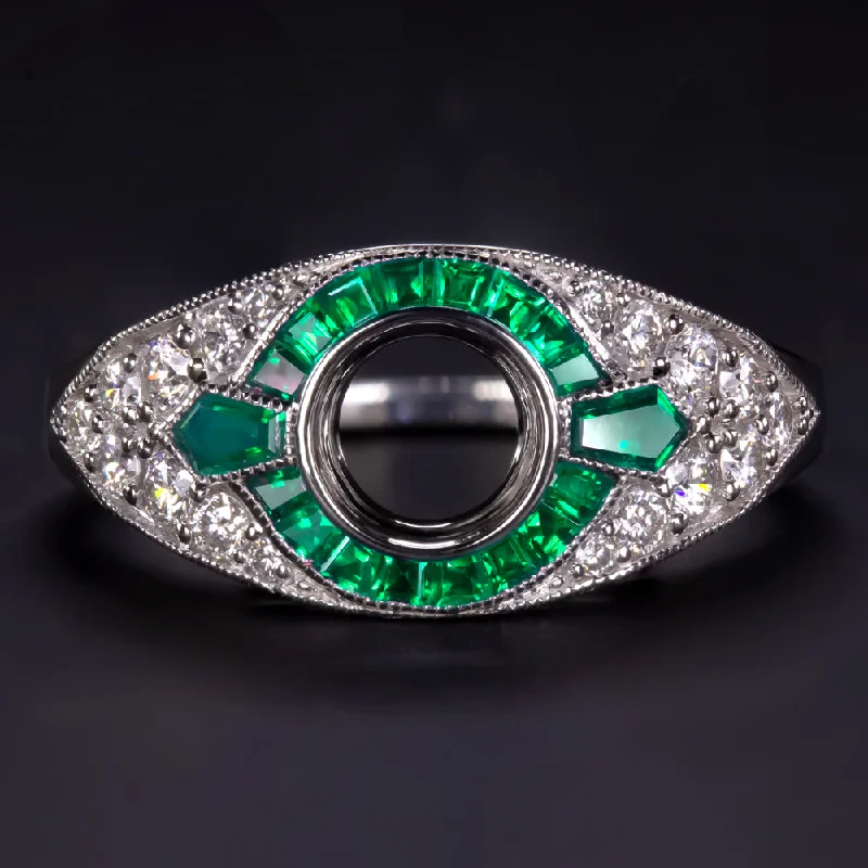 women’s engagement rings with colored stones -EMERALD DIAMOND ENGAGEMENT RING SETTING .75ct ROUND VINTAGE ART DECO BEZEL MOUNT