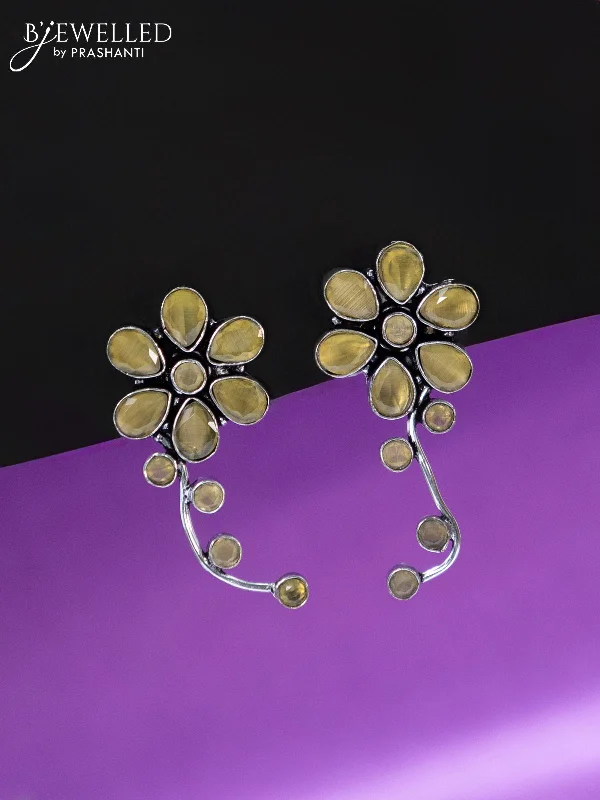 floral earrings for women -Oxidised earrings floral design with yellow stones