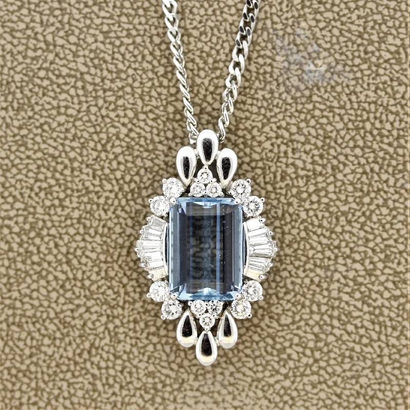 handcrafted necklaces for women -Fine Aquamarine Diamond Platinum Pendant