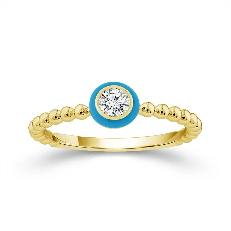 1/4 Carat Blue Halo Bezel Set Diamond Ring in 14 Karat Yellow Gold