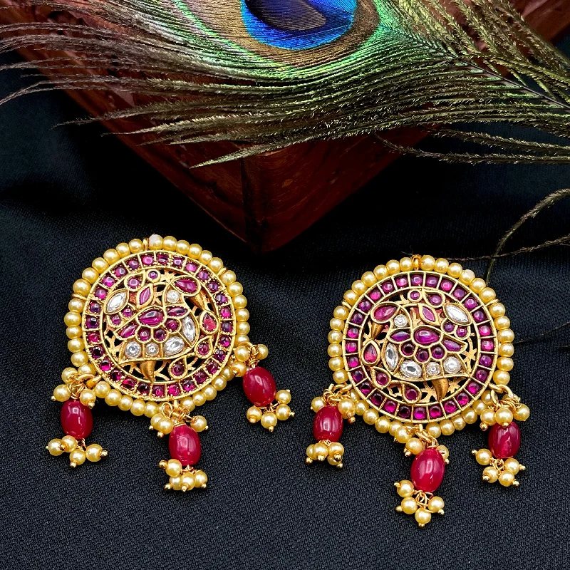 rose gold earrings for women -Traditional Peacock Red Kemp Big Stud Earring