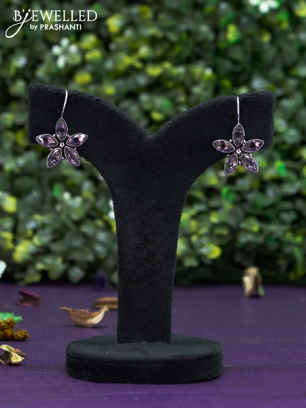 hoop earrings for evening wear -Oxidised hanging type earring floral design with violet stones