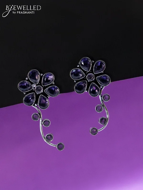 women’s gold drop earrings -Oxidised earrings floral design with violet stones