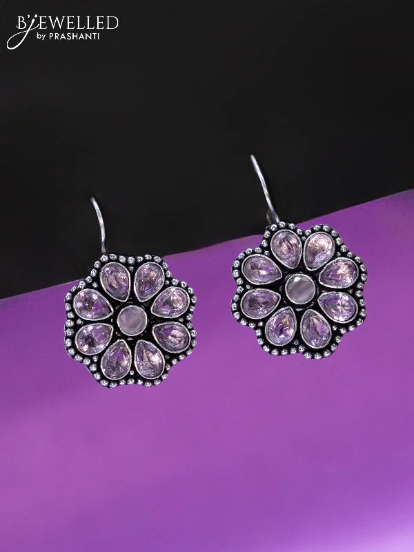 dangling earrings for women -Oxidised hanging type earring floral design with baby pink stones