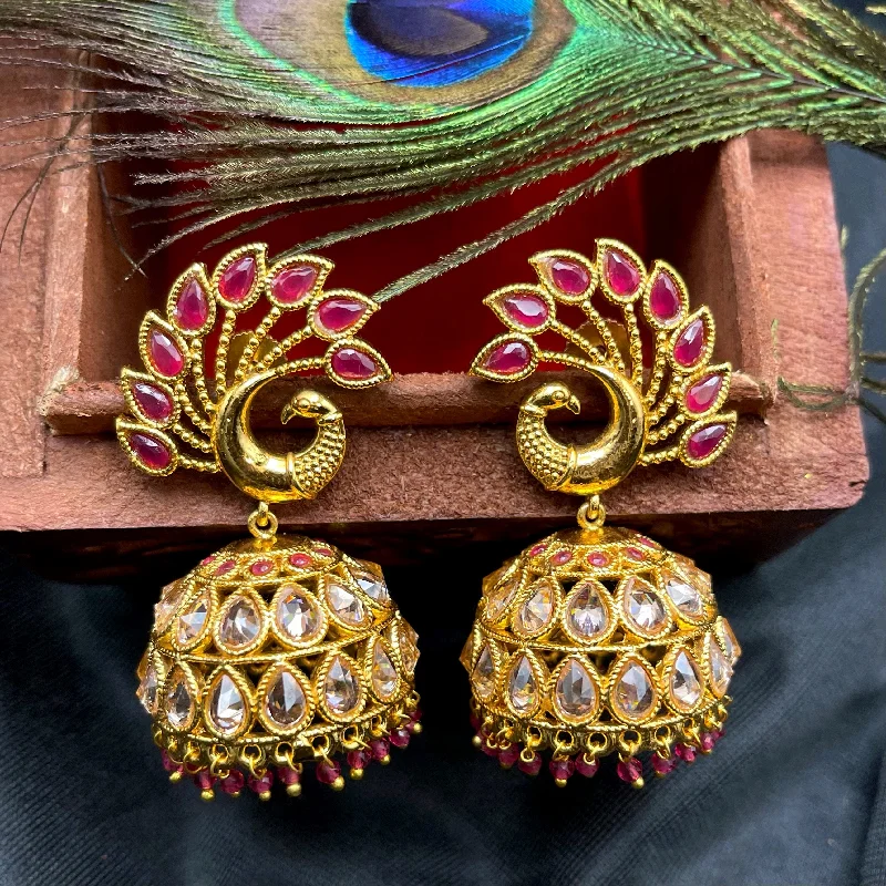 modern silver earrings for women -Peacock Ruby Red Polki LCD Jhumka Earring