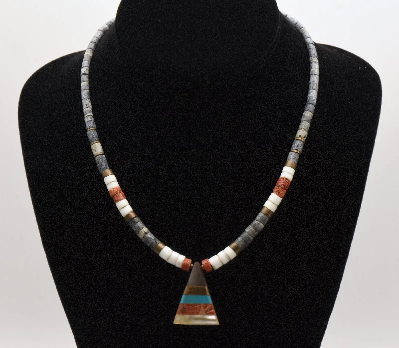 simple necklaces for women -Vintage Handmade Beaded Necklace with Triangle Multi-Stone Inlaid Pendant - 17.5"