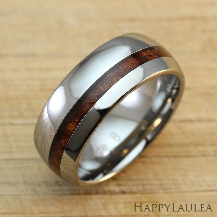 Tungsten Carbide Ring with Offset Koa Wood Inlay, 8mm, Dome Shape, Comfort Fitment