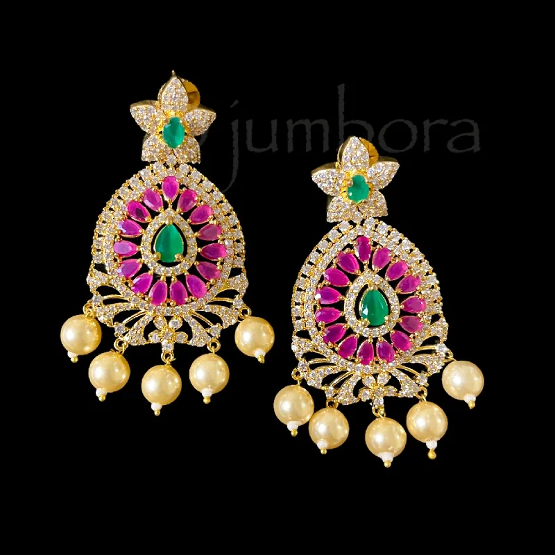 colorful earrings for casual wear -Ruby Red & Green Zircon AD (CZ) Earring with Pearls