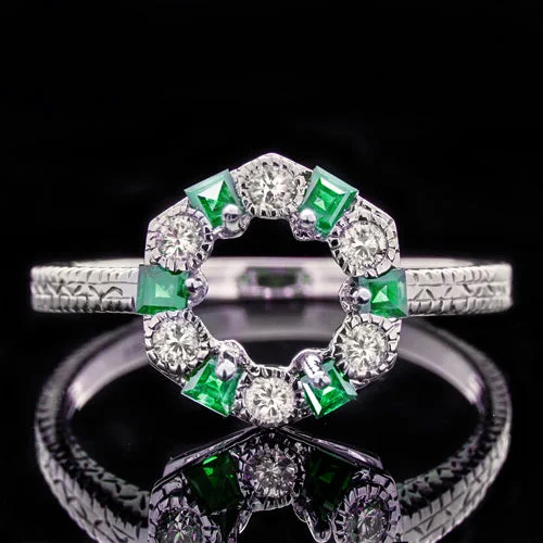 engagement rings for non-traditional brides -VINTAGE EMERALD DIAMOND HALO SEMI MOUNT ENGAGEMENT RING 6mm 6.5mm 1ct WHITE GOLD