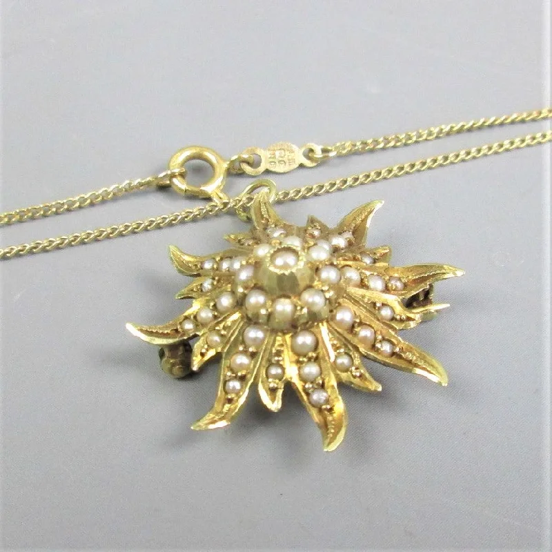 matching necklaces for couples -14K Yellow Gold & Seed Pearl Sunburst Pendant Necklace Antique Art Deco c1930