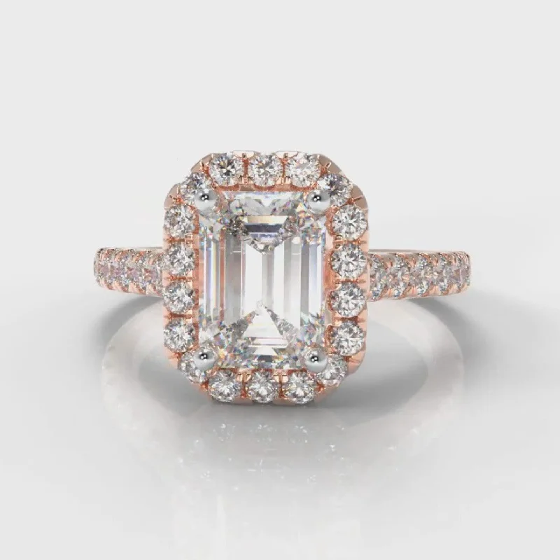 princess cut engagement rings -Micropavé Emerald Cut Diamond Halo Engagement Ring - Rose Gold