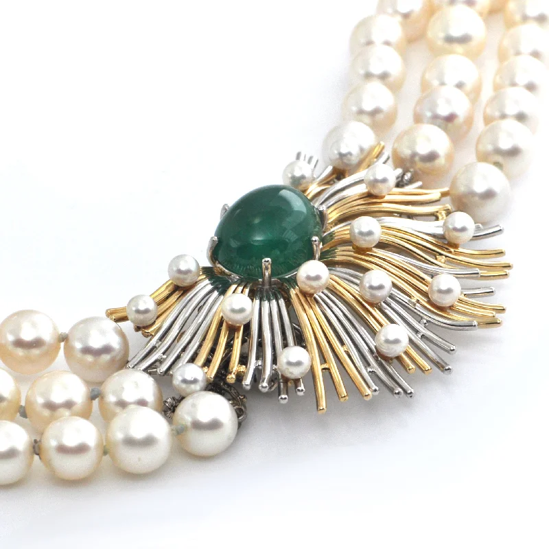 birthday gift necklaces for women -Retro Three Strand Pearl Necklace with Platinum and 18K Yellow Gold 11CT Emerald and Seed Pearl Clasp C.1950