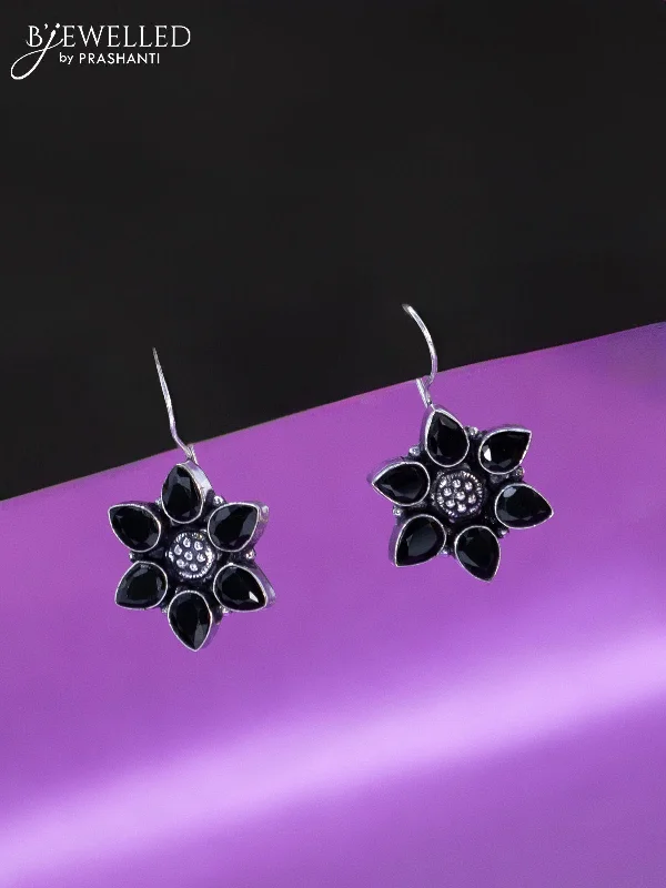 luxury diamond earrings -Oxidised hanging type earring floral design with black stones