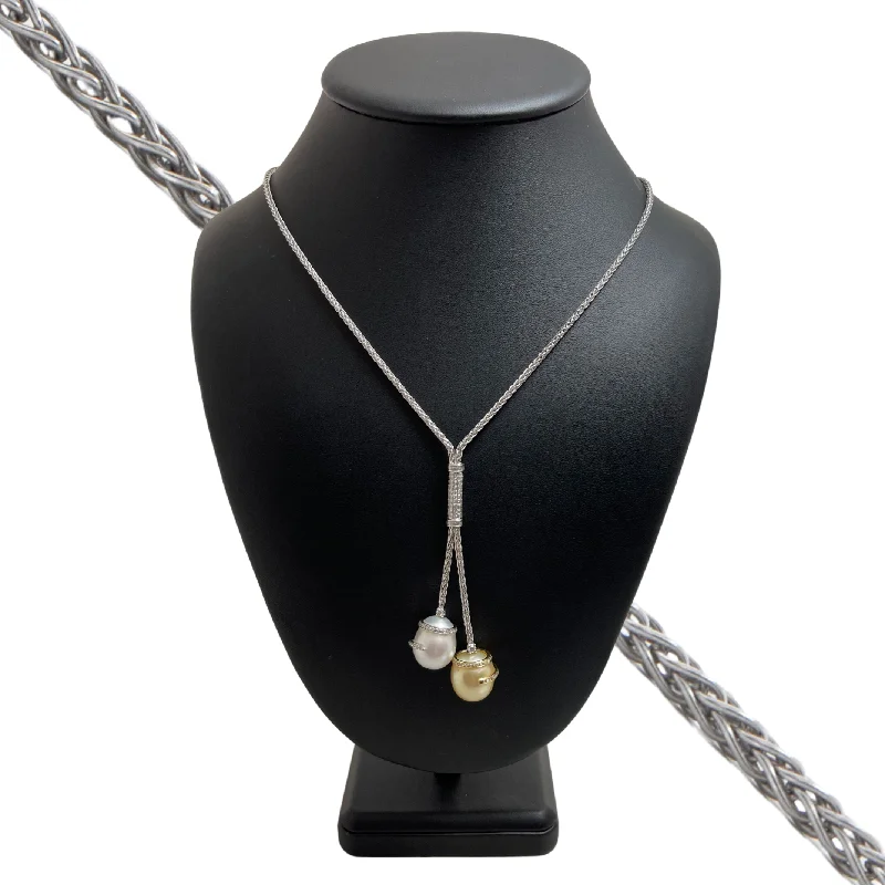 classic necklaces for women -Vintage Italian South Sea Pearl and Diamond 18k Gold Lariat Necklace