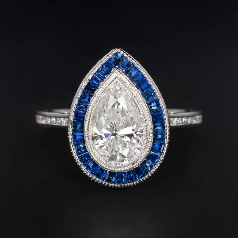 unique engagement rings -1.5ct GIA CERTIFIED F SI2 DIAMOND SAPPHIRE ENGAGEMENT RING VINTAGE STYLE PEAR