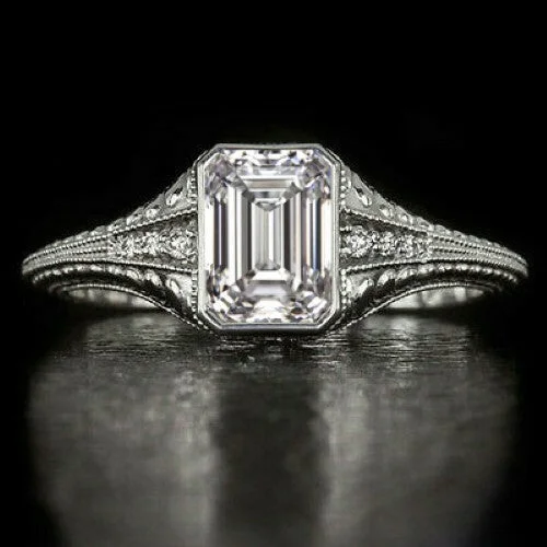 vintage diamond engagement rings -1.5 CARAT GIA CERTIFIED I VS1 DIAMOND ENGAGEMENT RING EMERALD CUT VINTAGE STYLE