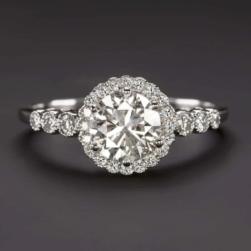 platinum diamond engagement rings -1.05ct F SI NATURAL DIAMOND ENGAGEMENT RING VINTAGE STYLE SCALLOPED HALO ROUND