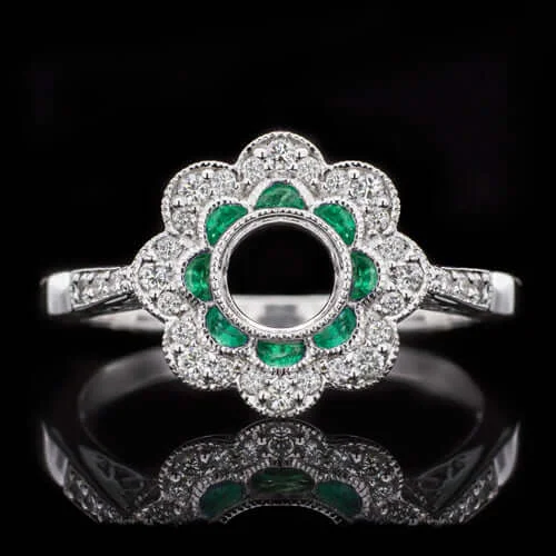 engagement rings with birthstones -DIAMOND EMERALD VINTAGE STYLE DOUBLE HALO ENGAGEMENT RING SETTING 1/3CT ROUND 14