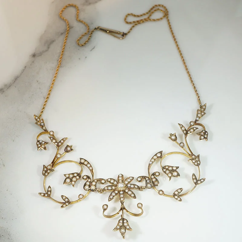 custom name necklaces for women -Gold & Pearl Edwardian Garland Necklace