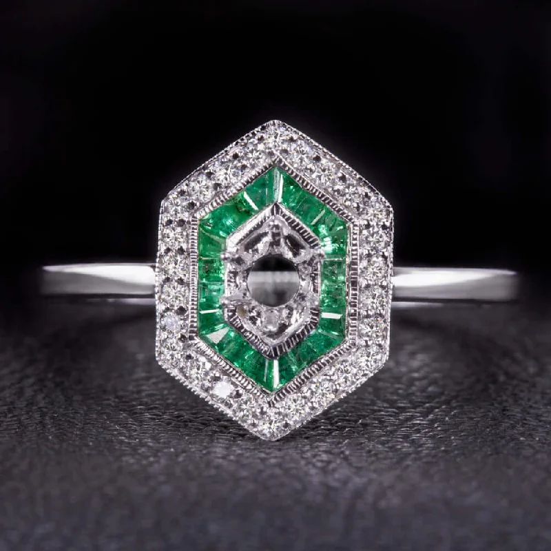 elegant diamond rings -DIAMOND EMERALD ENGAGEMENT RING SETTING 4m ART DECO SEMI MOUNT VINTAGE GEOMETRIC