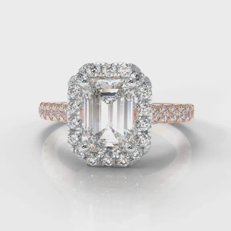 diamond cluster engagement rings -Micropavé Emerald Cut Diamond Halo Engagement Ring - Two Tone Rose Gold