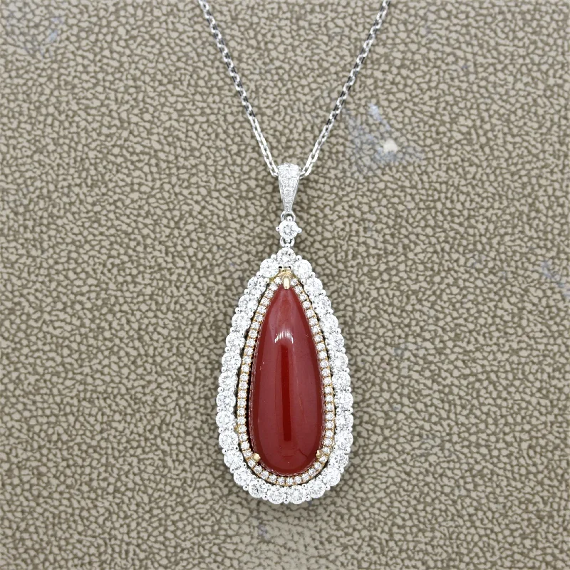 luxury fashion necklaces for women -Red Coral Diamond Double-Halo Gold Drop Pendant