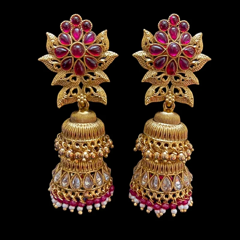 custom designed earrings for women -Antique Gold Kemp Polki Double Row Jhumka Earring