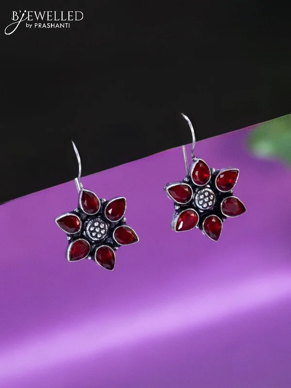 silver hoop earrings for women -Oxidised hanging type earring floral design with maroon stones