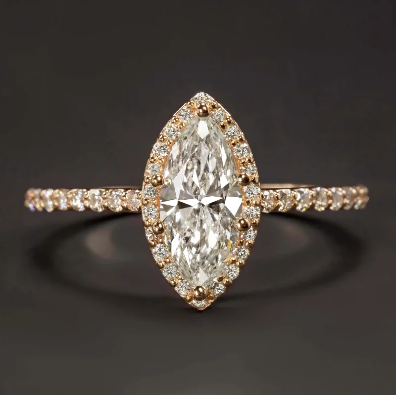 radiant cut diamond engagement rings -1 CARAT G SI2 MARQUISE CUT DIAMOND ENGAGEMENT RING ROSE GOLD HALO PAVE BAND 1ct