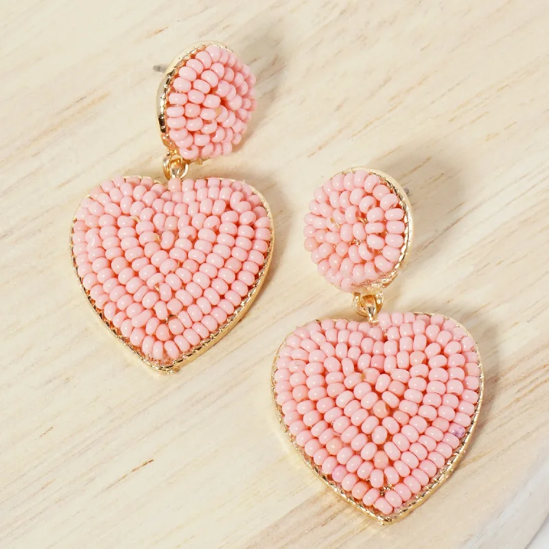 bohemian earrings for women -Cotton Candy Pink Beaded Heart Earrings