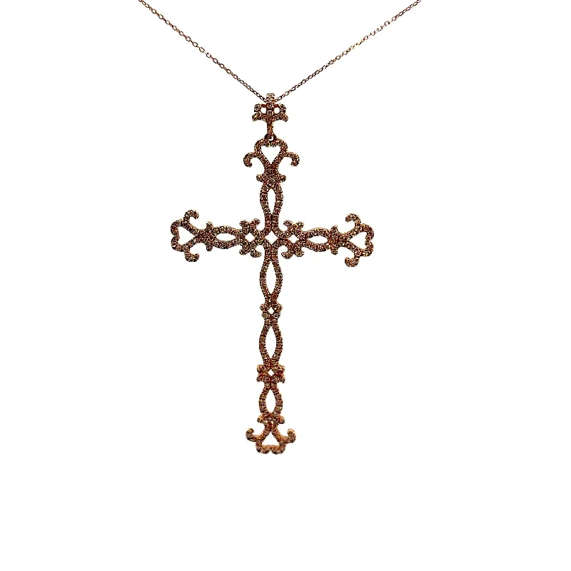 elegant silver necklaces for women -Diamond 18k Rose Gold Antique-Style Cross Pendant Necklace