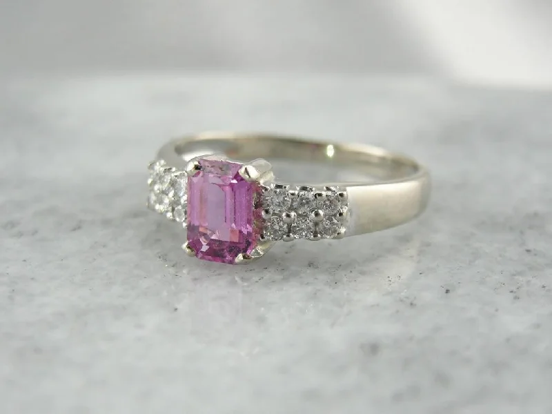 diamond and emerald engagement rings -Emerald Cut Pink Sapphire and 12 Diamond Engagement Ring