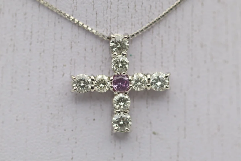 long necklaces for women -Cross-Style Diamond Sapphire Platinum Pendant