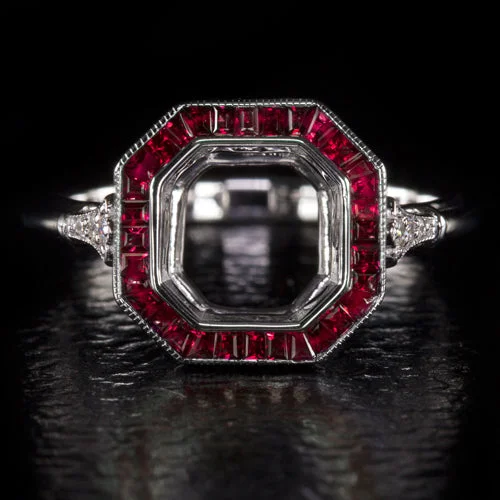 diamond engagement rings -VINTAGE STYLE RUBY DIAMOND ENGAGEMENT RING SETTING CUT RADIANT 7.5MM ART DECO