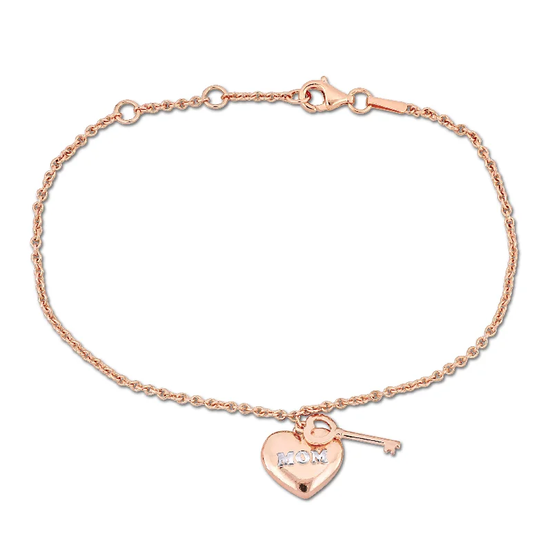 eco-friendly bracelets for women -Mimi & Max Rose Silver Charm Bracelet w/18K Pink Gold Plated "Mom" Heart & Key Charm