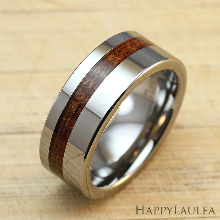 Tungsten Carbide Ring with Offset Koa Wood Inlay - 8mm, Flat Shape, Comfort Fitment