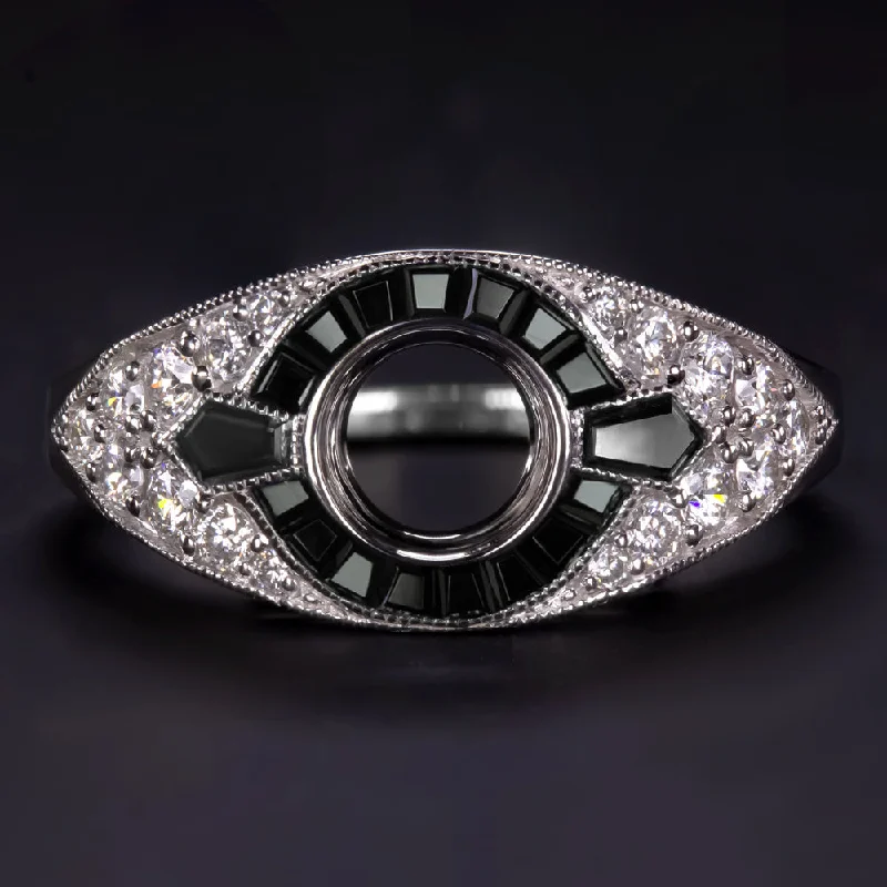 elegant diamond rings -BLACK ONYX DIAMOND ENGAGEMENT RING SETTING ROUND VINTAGE STYLE ART DECO BEZEL