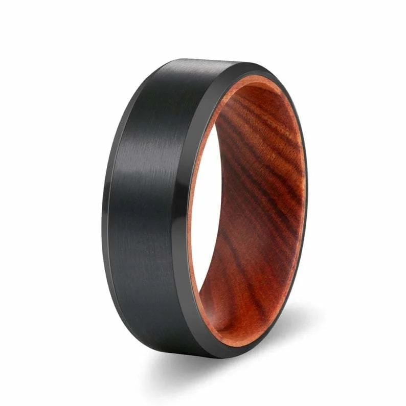 HECTOR Beveled Black Tungsten Carbide Ring with Iron Wood Sleeve 8MM