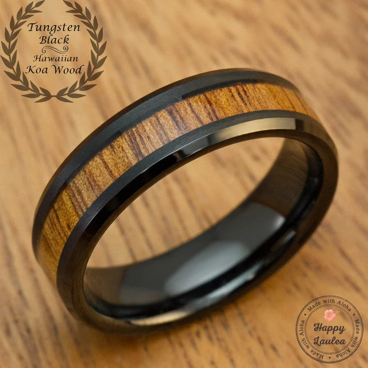 Black Tungsten Carbide Beveled Edge Ring with Hawaiian Koa Wood Inlay - 6mm, Flat Shape, Comfort Fitment