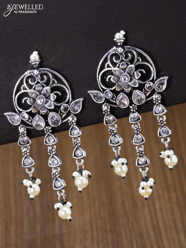 sterling silver hoop earrings -Oxidised earring floral design with cz stone and pearl hangings