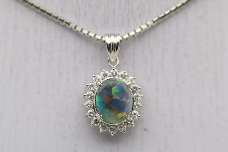 simple necklaces for women -Australian Black Opal Diamond Halo Platinum Pendant