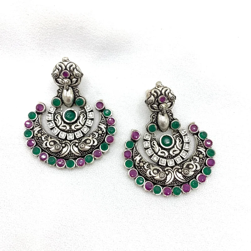 silver earrings for women -Graceful Handcrafted Peacock Oxidized Silver Earring in Chaandbali style