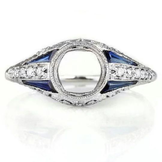 vintage engagement rings -VINTAGE STYLE ART DECO DIAMOND SAPPHIRE 6mm BEZEL SETTING ENGAGEMENT RING ROUND