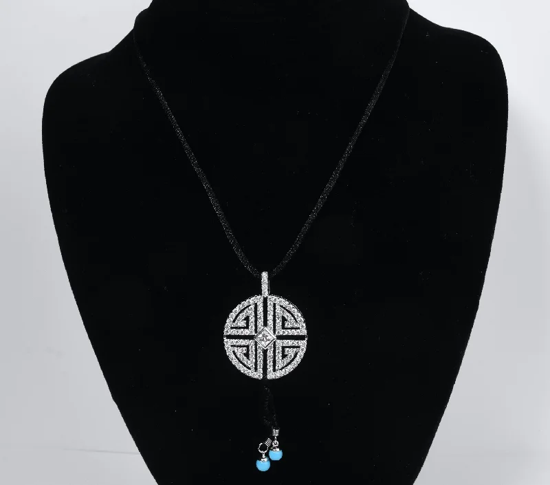 sapphire necklaces for women -Black Silk Necklace with Bling Silver Tone Pendant - 16.5"